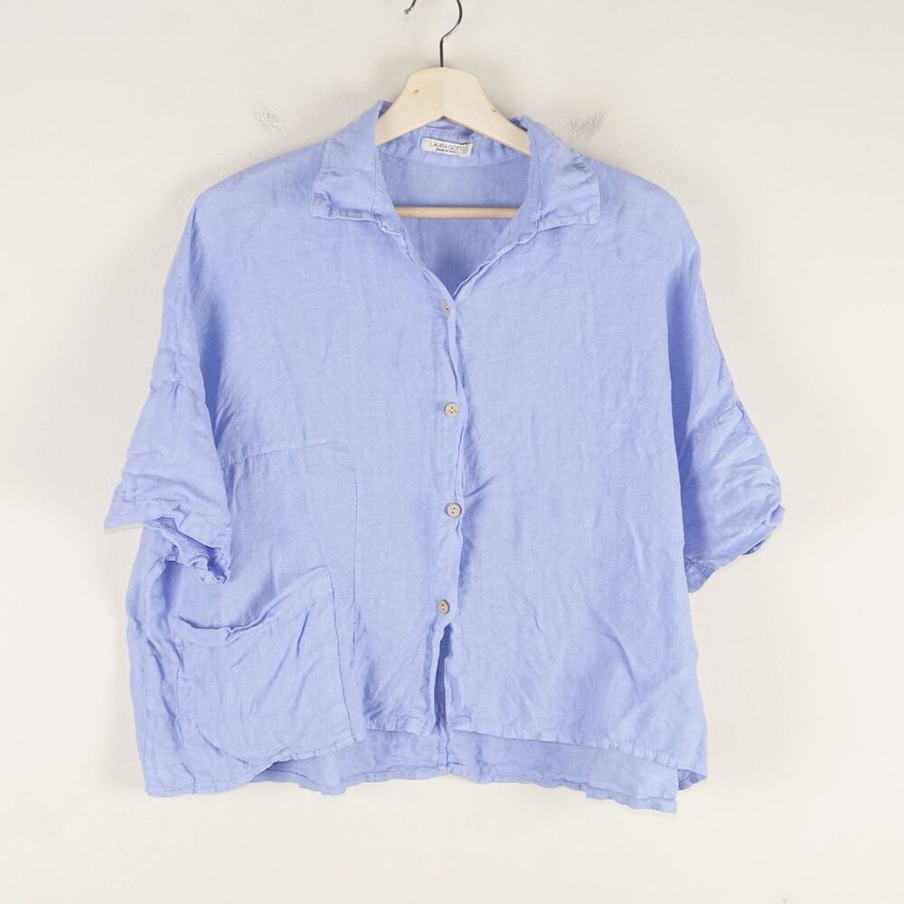 Laura Gotti 100% Linen Button Short Sleeve Boxy Top Womens Sz L